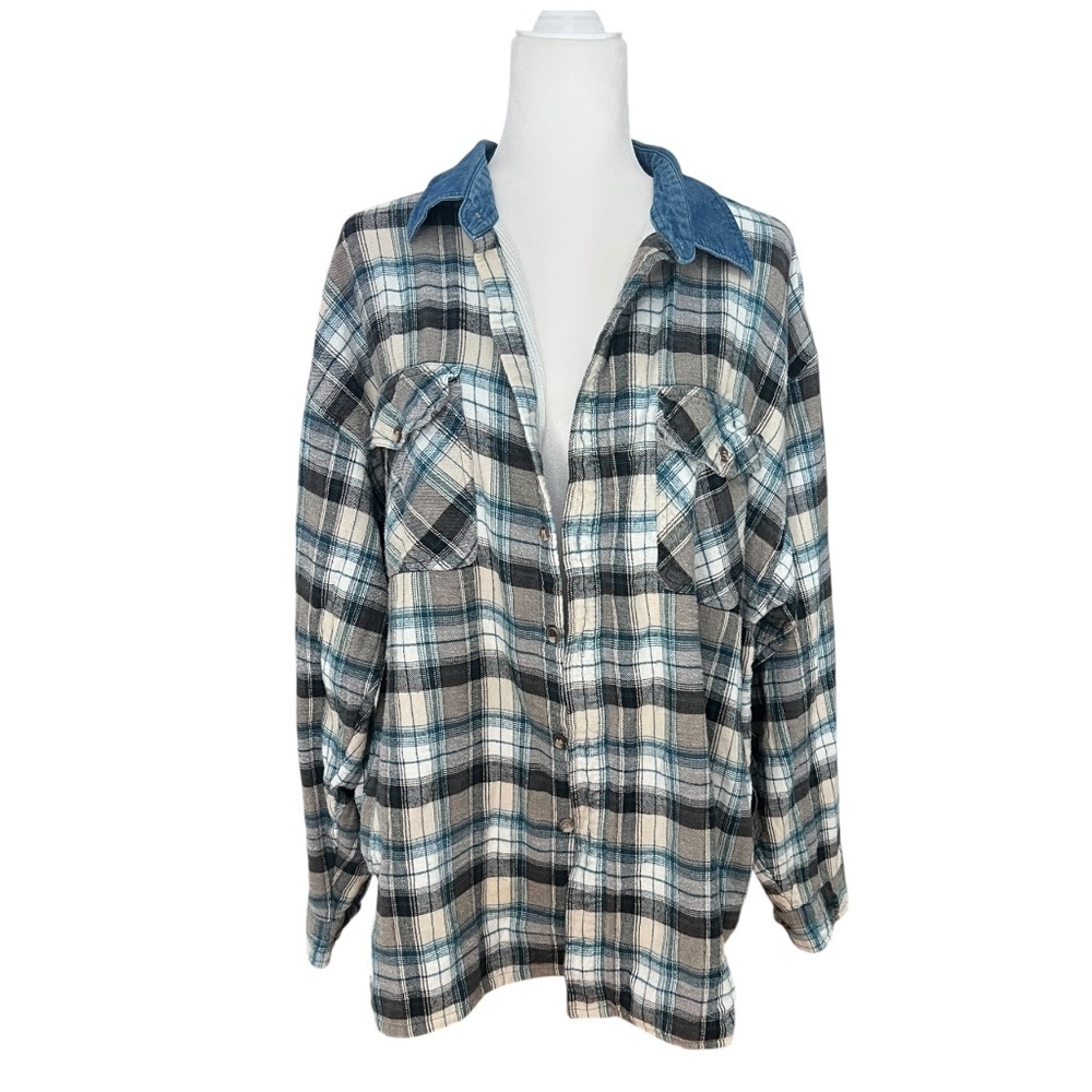 Vintage Waffle-Knit Lined Flannel with Denim Collar XL